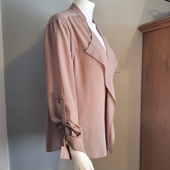 ALBERTO MAKALI Drape Front Blouse Top L Taupe Sheer Overlay Career Boho Chic - Picture 9 of 10